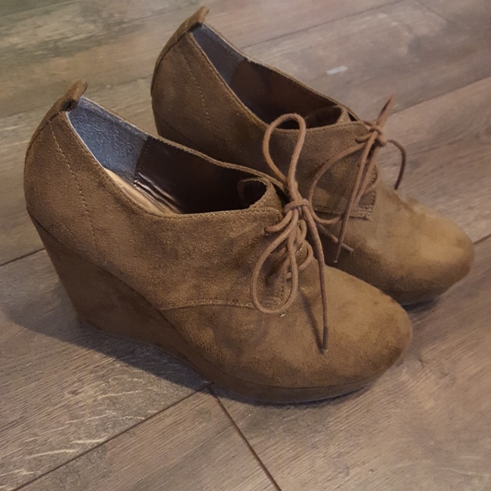 Tan faux suede wedges